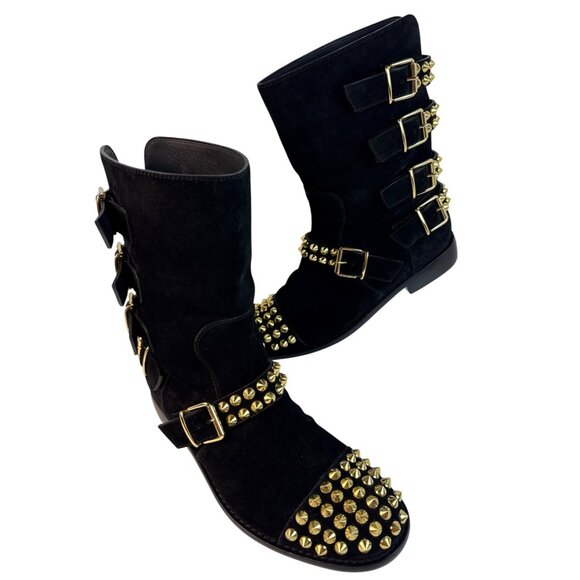 GIUSEPPE ZANOTTI BLACK SUEDE GOLD STUDDED BUCKLE BIKER Flat BOOTS SHOES SZ 40 - Picture 11 of 15